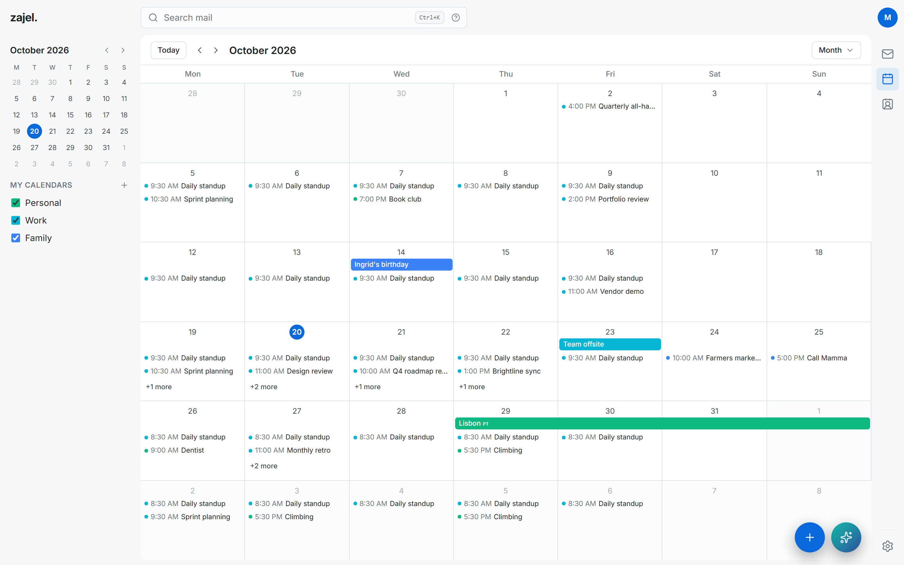 The month view in the light theme