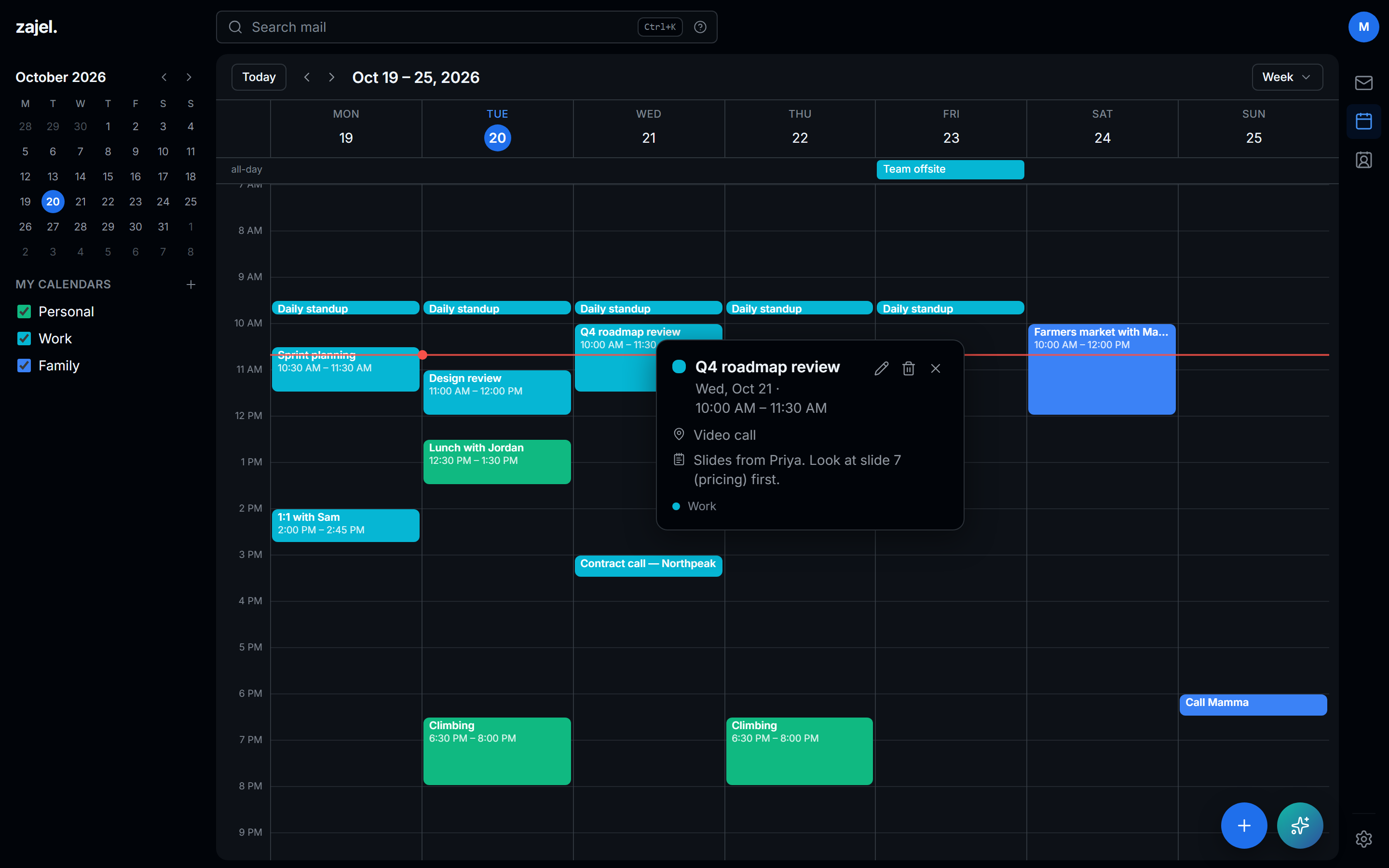 The week view with Work, Personal and Family calendars, and the Q4 roadmap review's details open