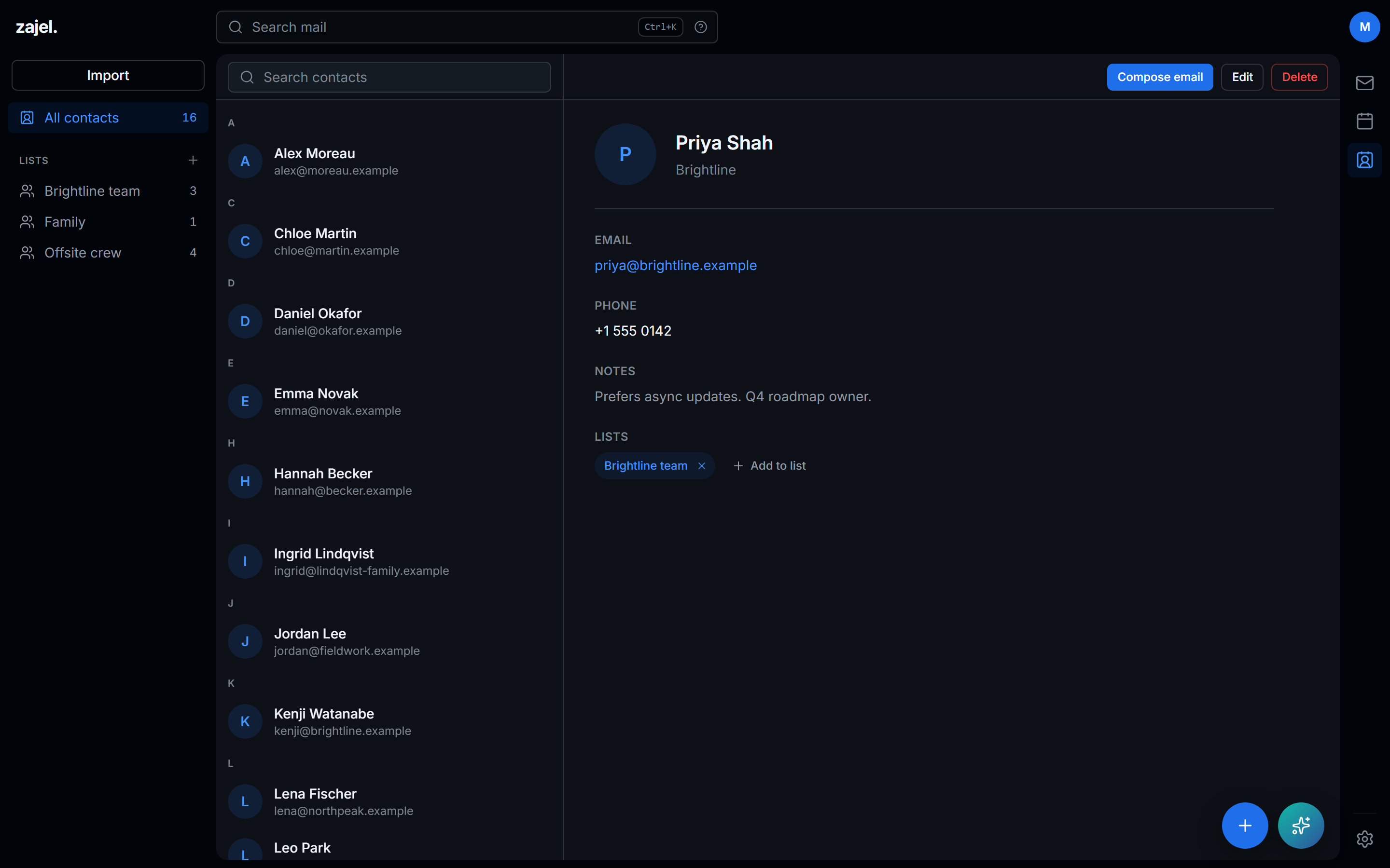 Contacts: the list, contact lists in the sidebar, and Priya's card with email, phone, notes and lists