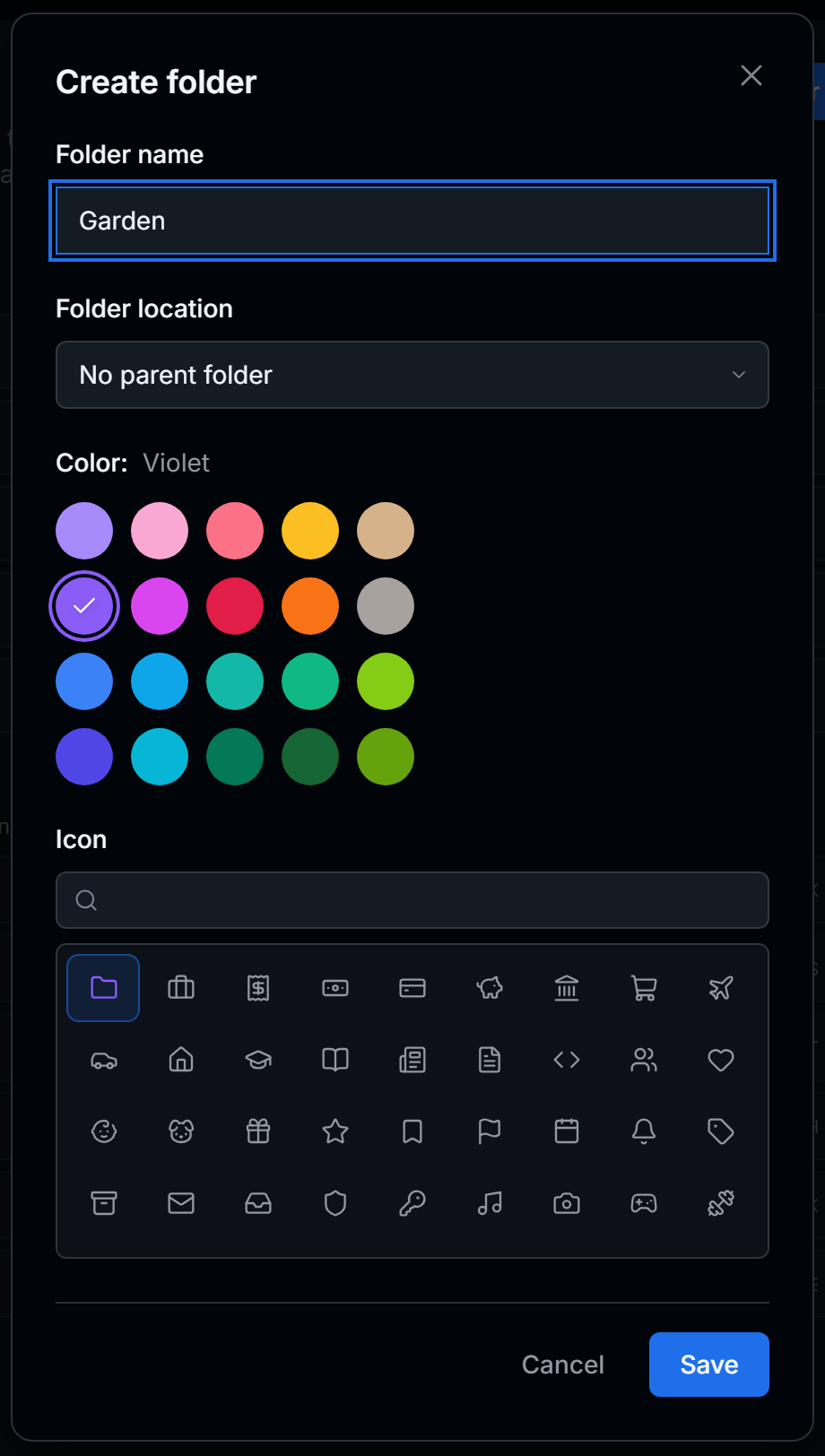 Create folder: name, location, a colour palette and an icon picker