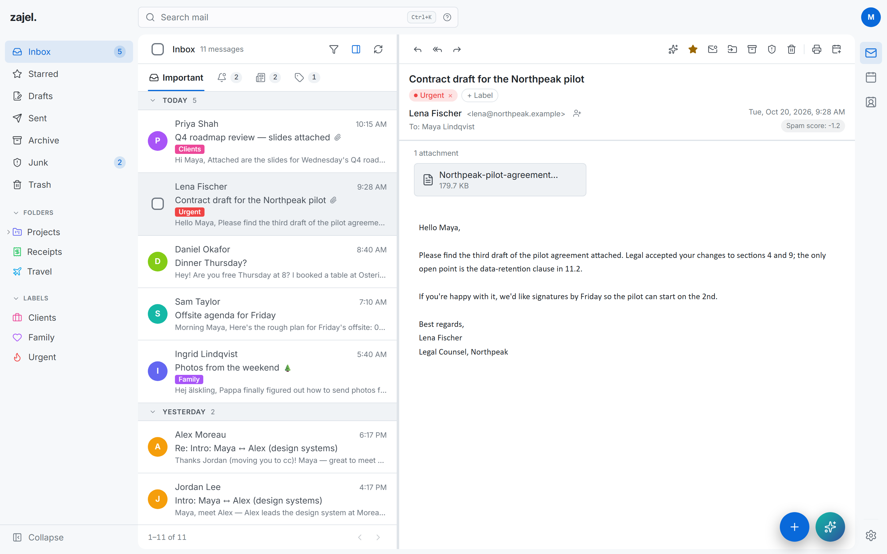 The Zajel Mail inbox in the light theme, with a contract email open in the reading pane
