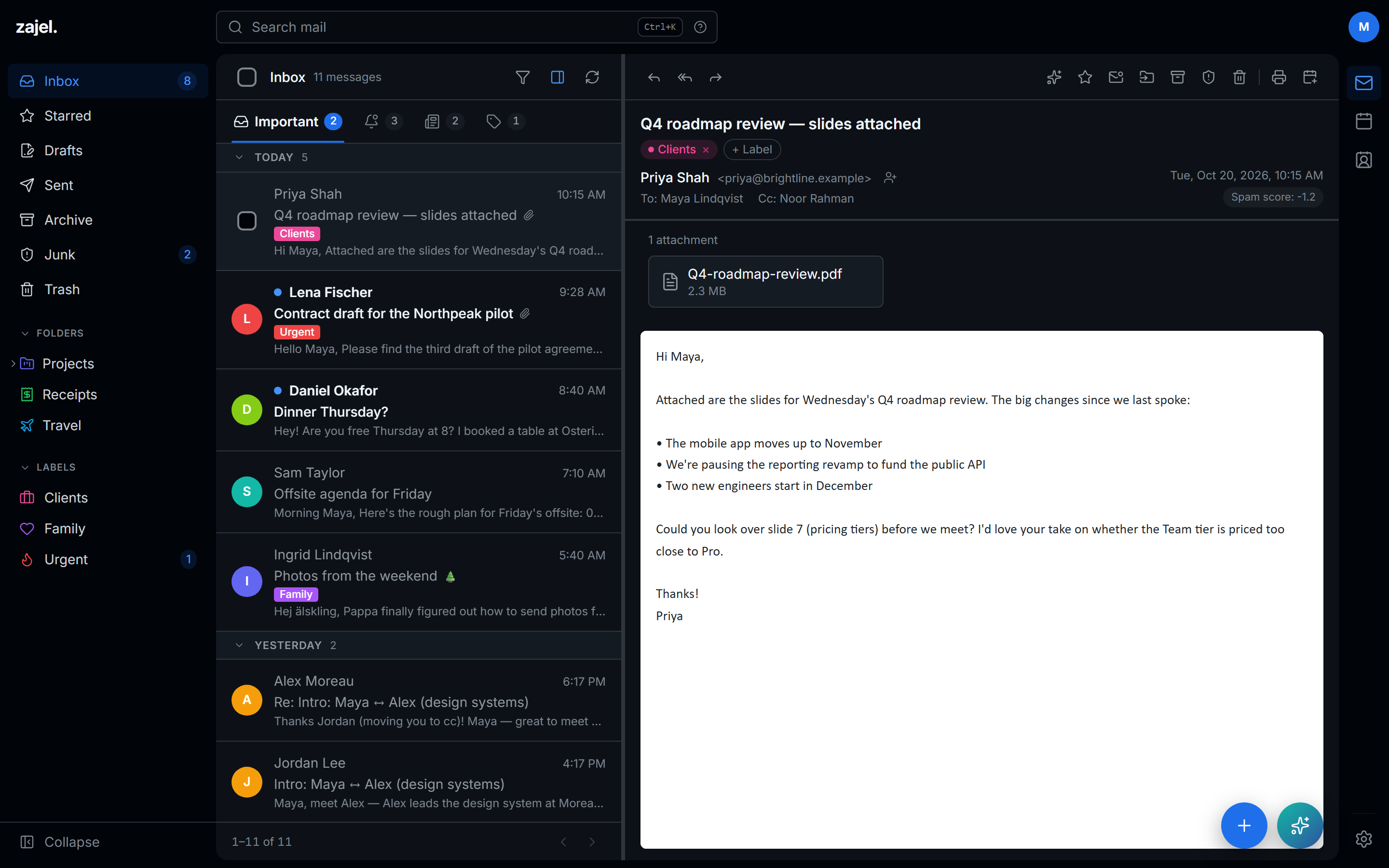 The Zajel Mail inbox in the dark theme, with Inbox tabs, folders and labels with icons, and a message open in the reading pane