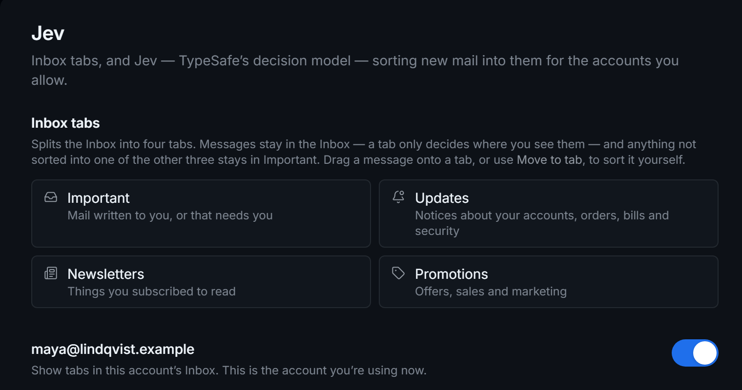 Settings, Jev: the four Inbox tabs and the switch that turns them on for an account