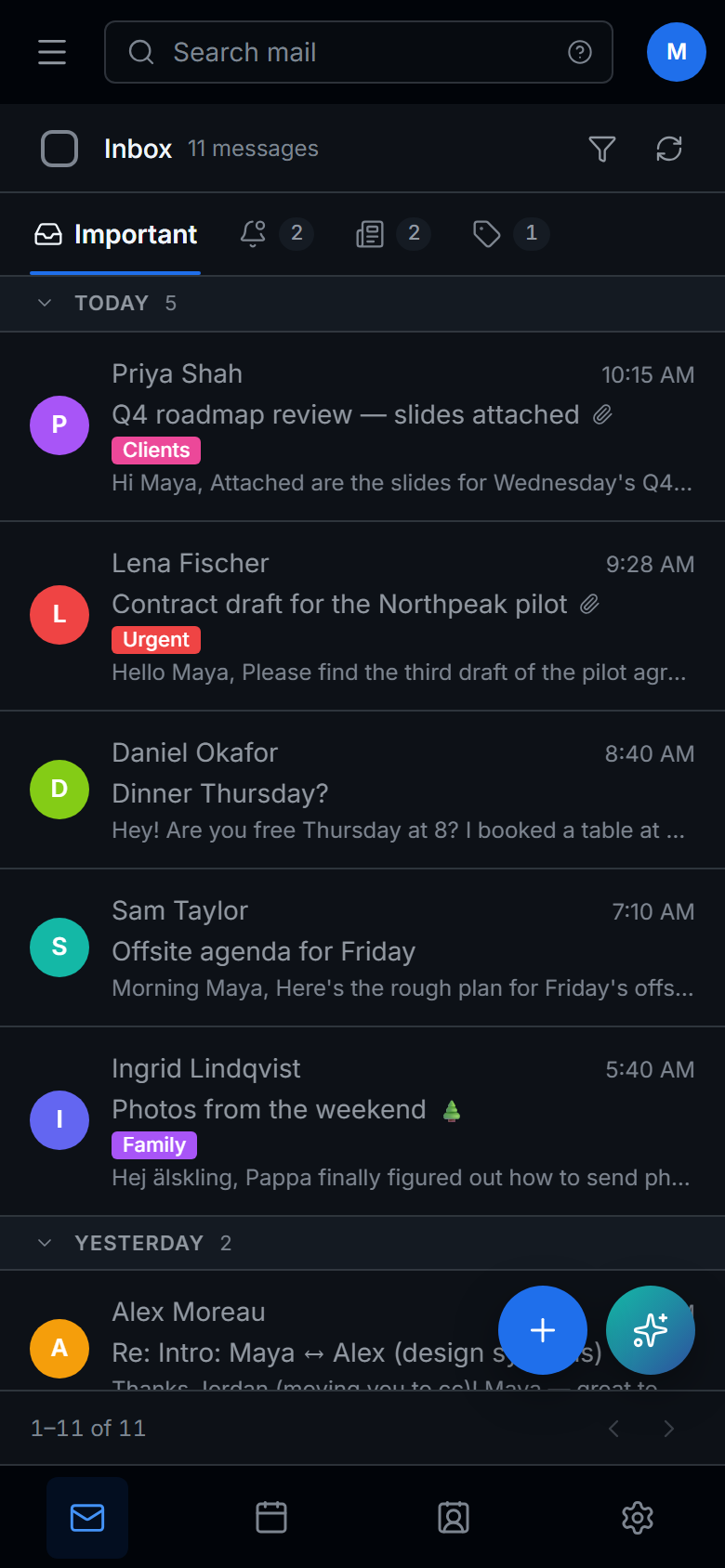 The inbox on a phone, with Inbox tabs and a bottom tab bar