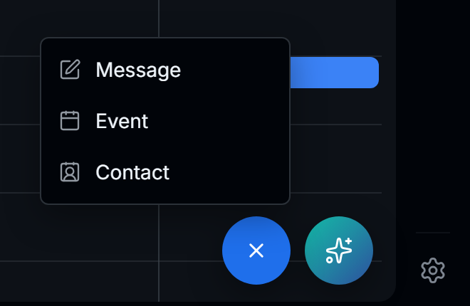 The + menu: Message, Event and Contact, beside the Zajel button