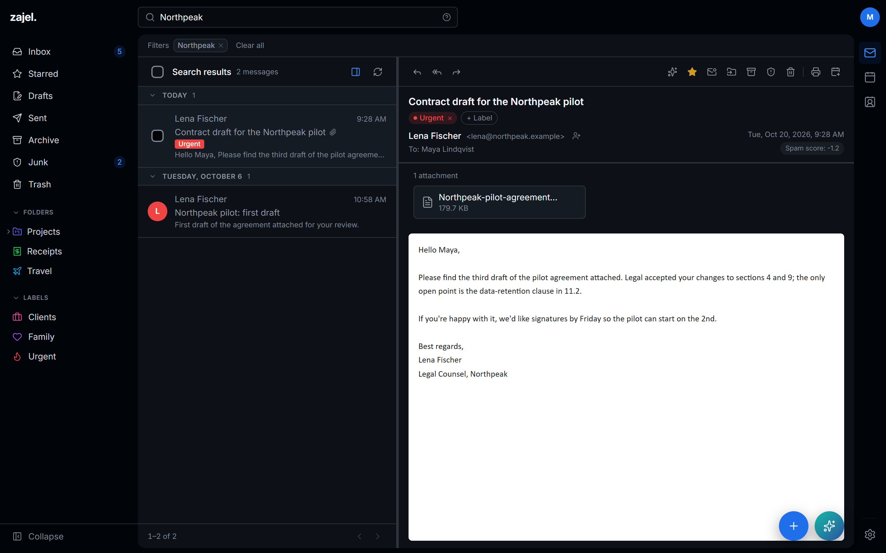 Search results for Northpeak, with the matching contract email open
